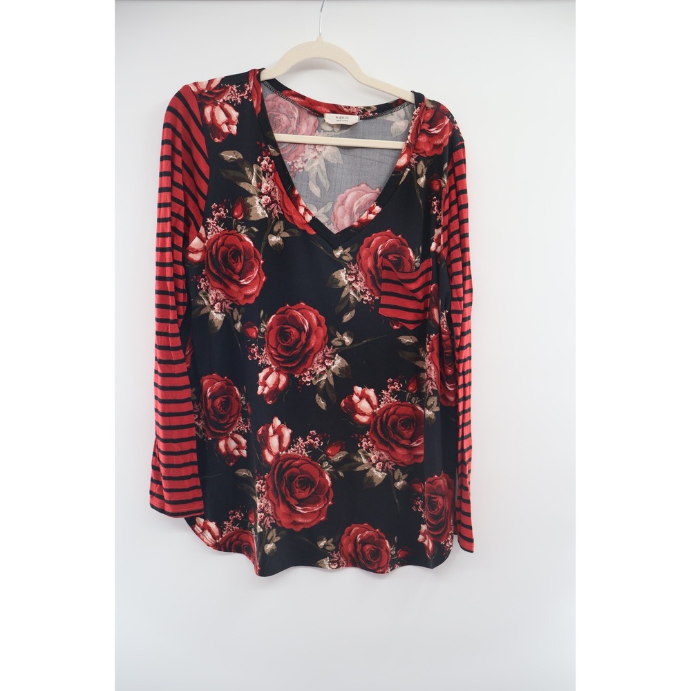 a.gain Top Womens 3XL Black Red Rose Floral Stripe Sleeve‎ V Neck USA